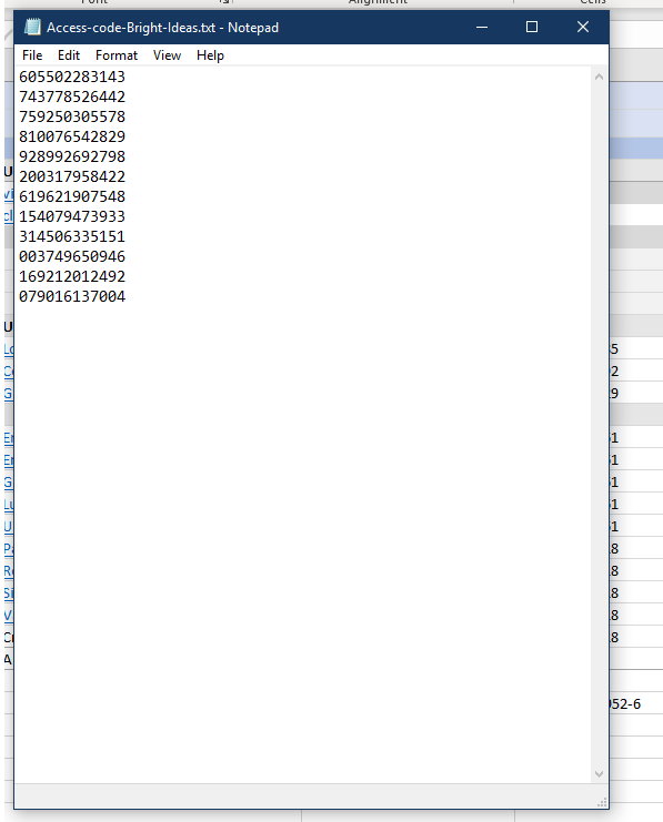 Text file with a list of access codes. 