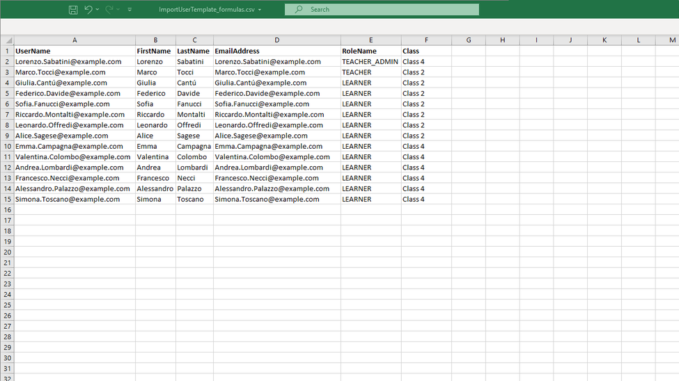 Spreadsheet template with the following columns: UserName, FirstName, LastName, EmailAddress, RoleName, Class. 