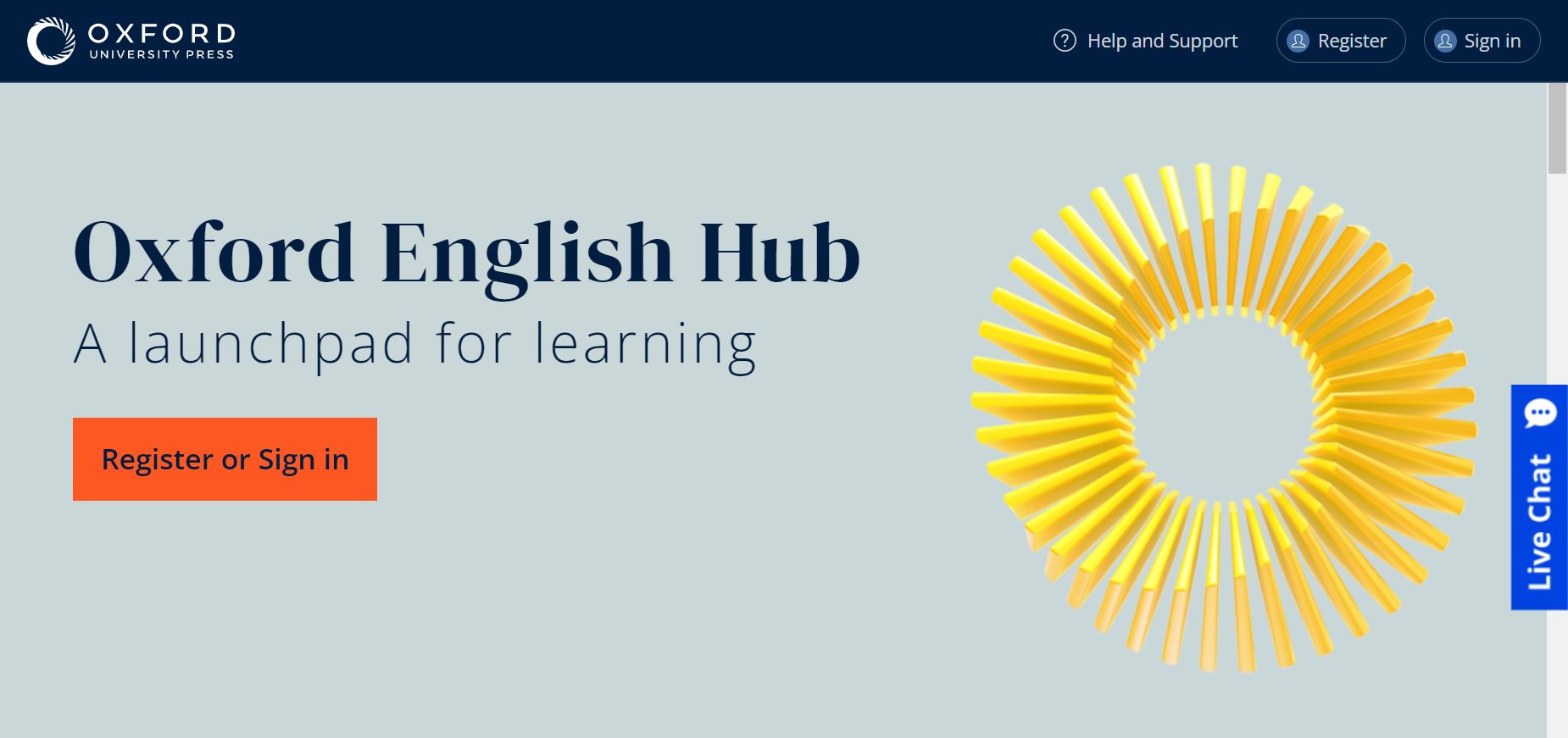 Homepage of Oxford English Hub with the text, "Oxford English Hub: A launchpad for learning."