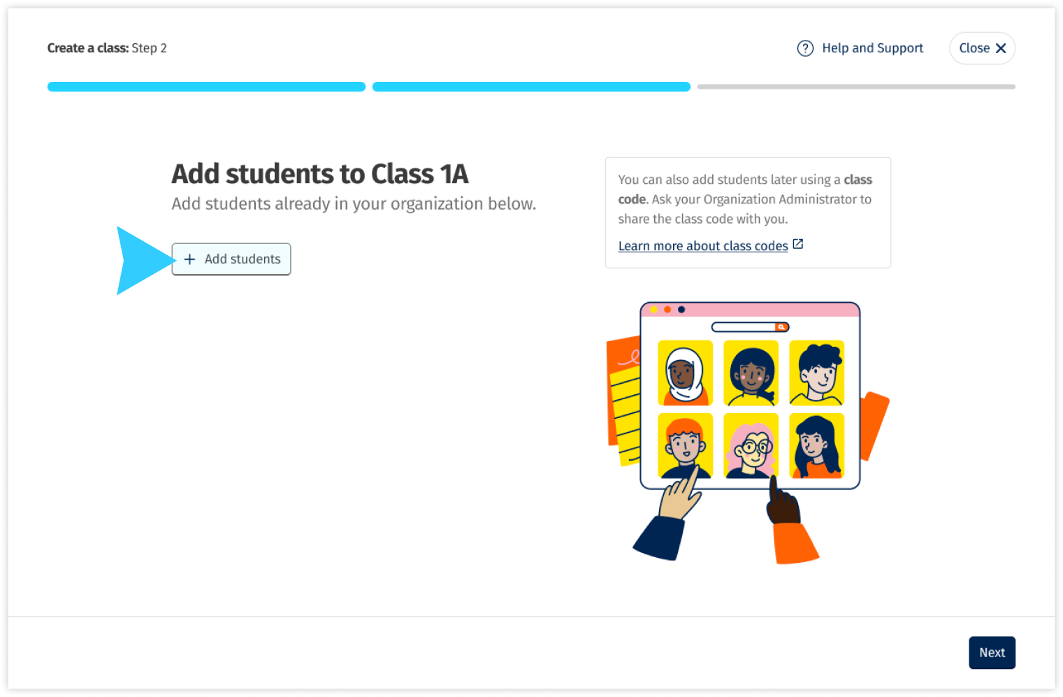 Screenshot of adding students to a class. 